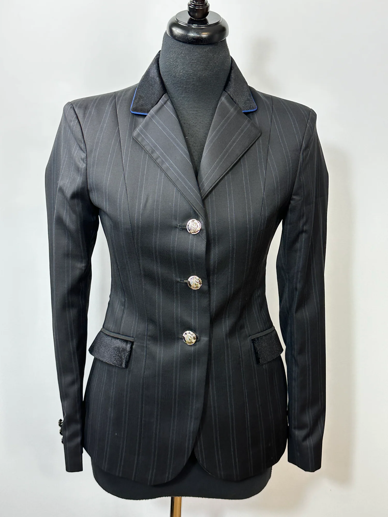 English Show Coat Black Blue Stripe Fabric Code R360 (Size 20)